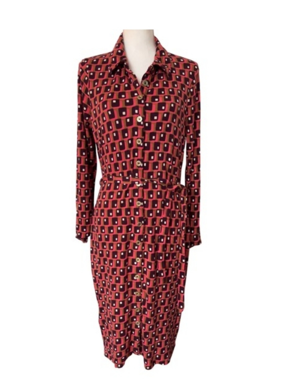 Boden Geometric Print belted button down dress, Women's 10L